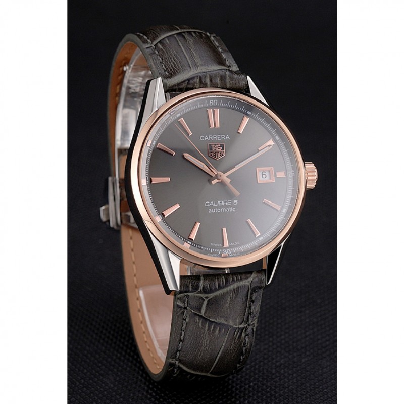 Best Replica Watches Swiss Tag Heuer Carrera Calibre 5 Gray Dial Rose Gold Case Black Leather Strap-2