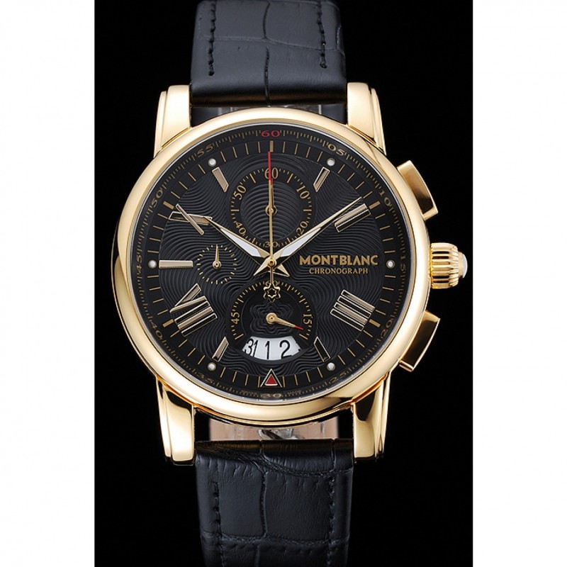 Montblanc Chronograph Black Dial Black Leather Bracelet Gold Case 1454112-1