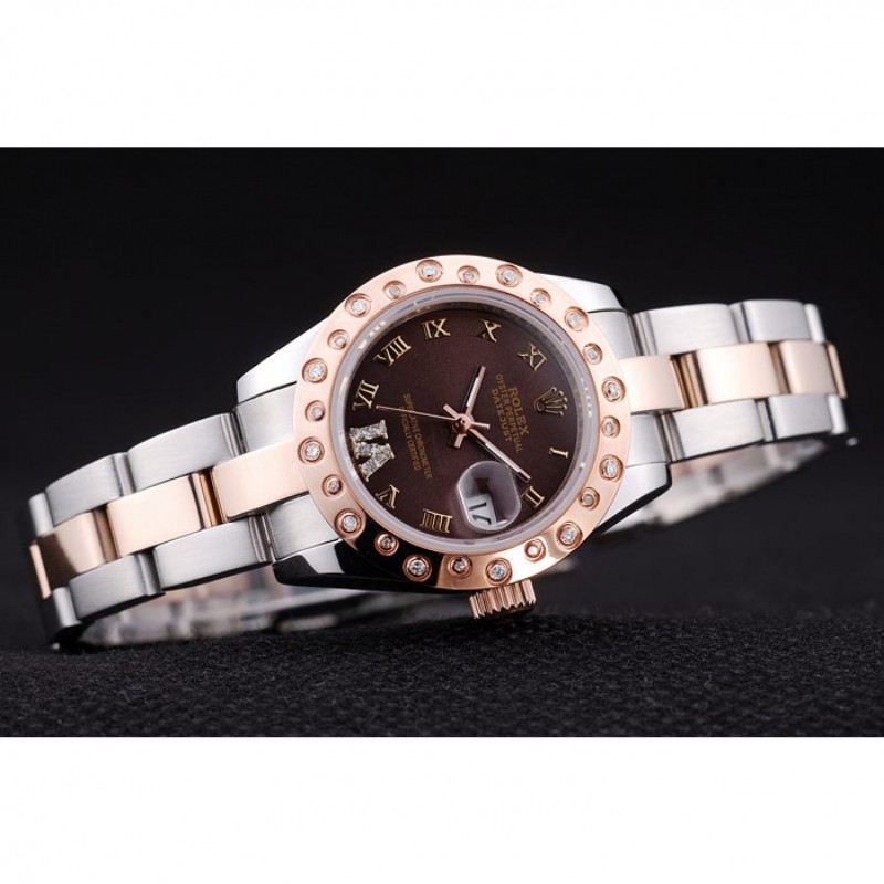 Rolex Datejust Diamonds Rose Gold Polished Bezel Brown Dial 7475-3