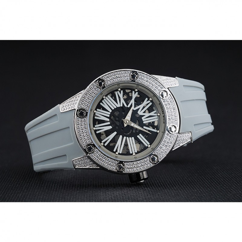 Luxury Replica Watches Richard Mille RM 033 Extra Flat Automatic Diamond Case Grey Rubber Bracelet 1454194-2