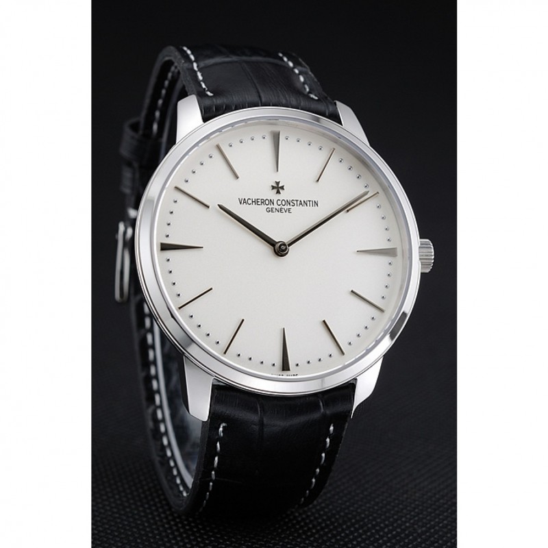 Swiss Vacheron Constantin Patrimony White Dial Silver Case Black Leather Bracelet 1454157-2