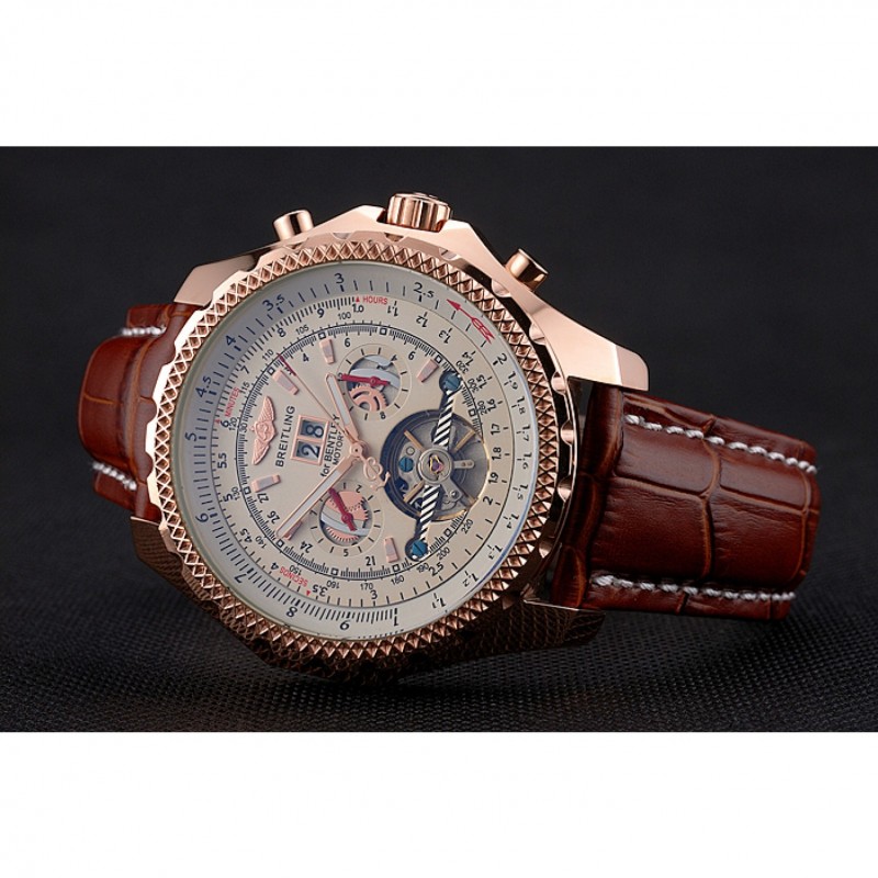 Breitling For Bentley Mulliner Tourbillon White Dial Rose Gold Case Brown Leather Strap-3
