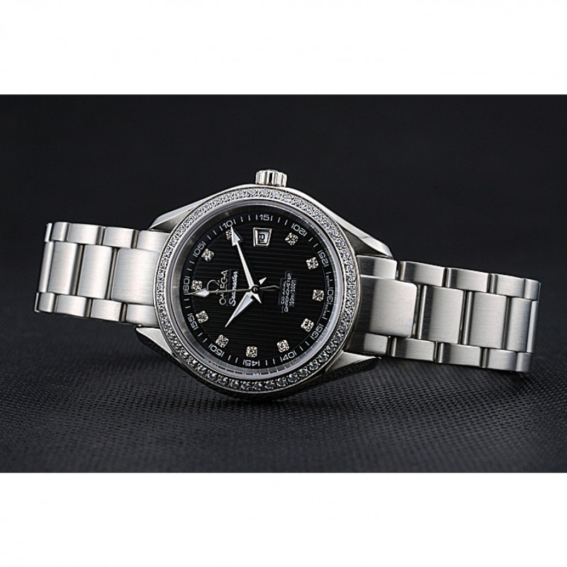 Best Replica Watches Omega Seamaster Aqua Terra Black Dial Diamond Case Stainless Steel Bracelet 622449-4