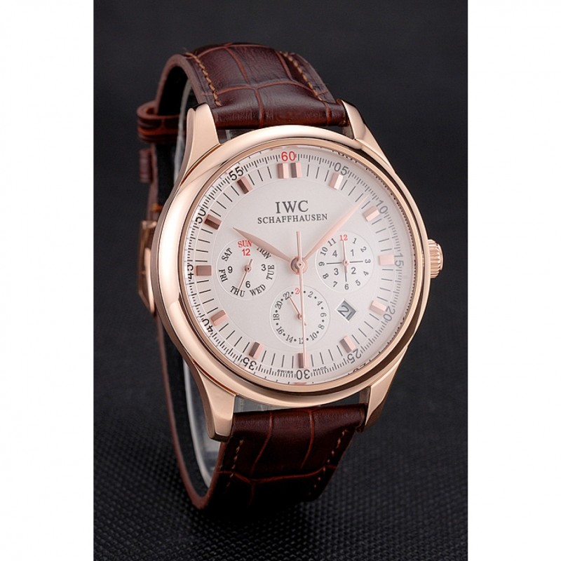 Swiss IWC Portugieser Perpetual Calendar White Dial Rose Gold Case Brown Leather Strap-2