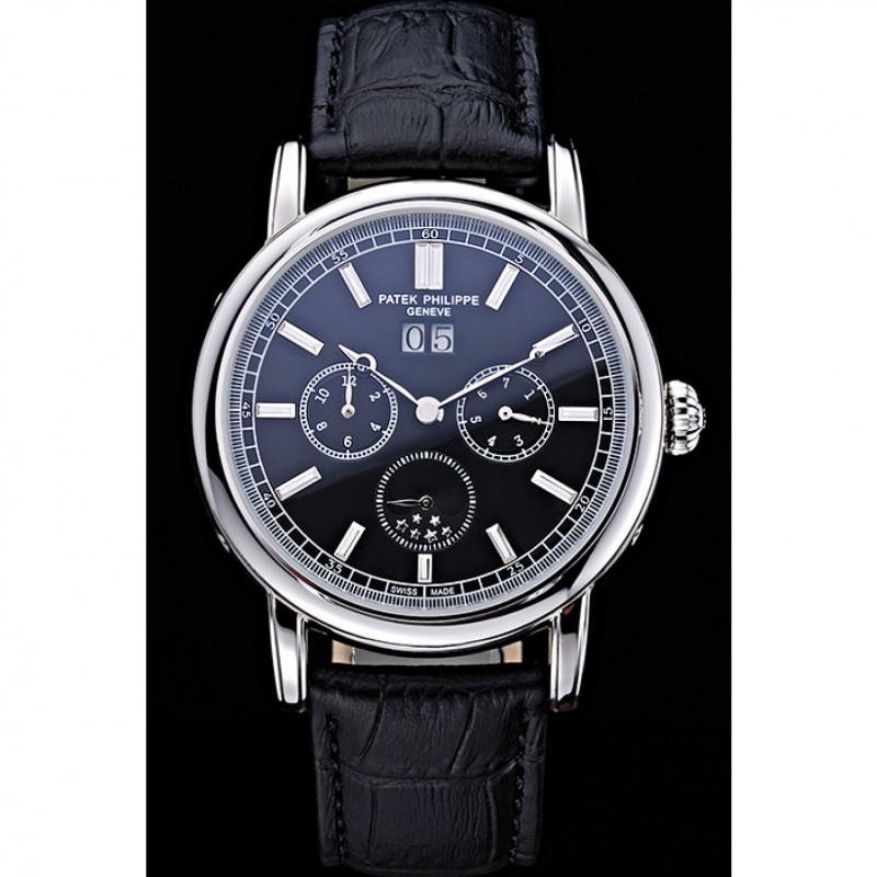 Patek Philippe Geneve Grand Complications Black Dial Stainless Steel Bezel Black Leather Band 622153-1