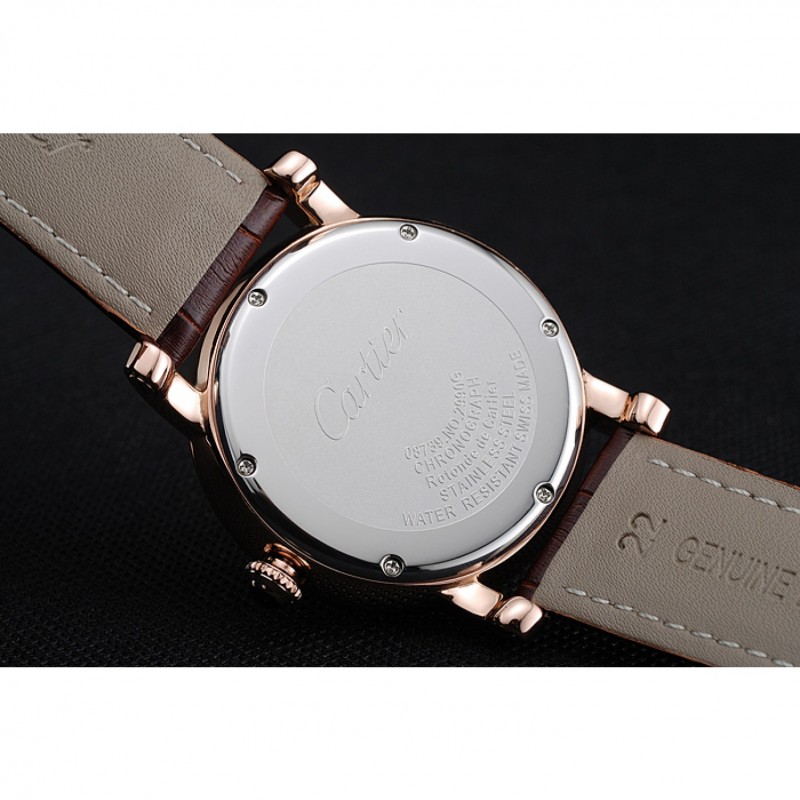 Cartier Rotonde White Dial Gold Case Brown Leather Bracelet 1454221-7