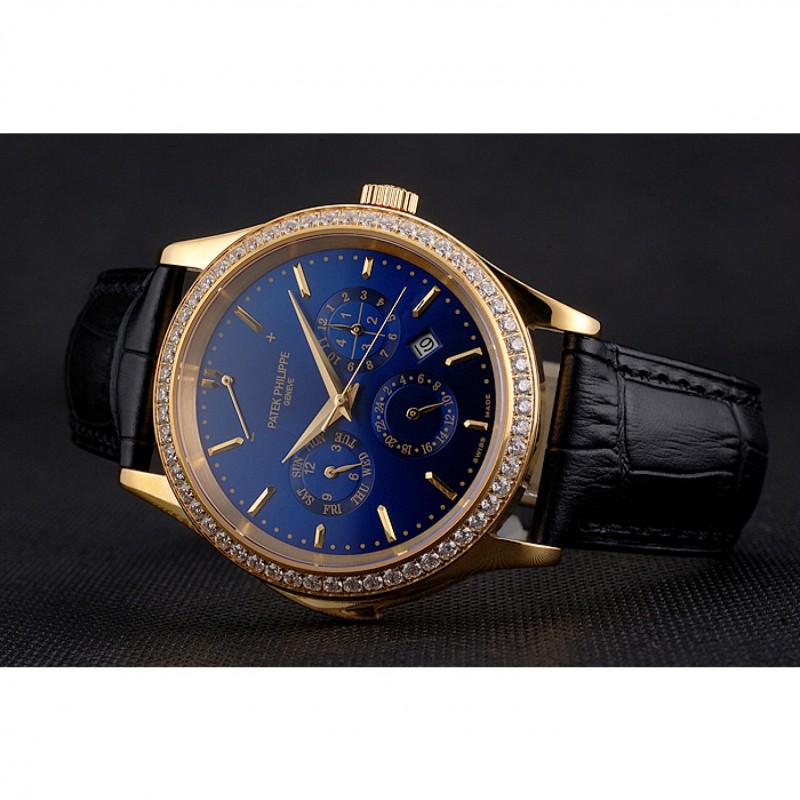 Swiss Patek Philippe Grand Complications Perpetual Calendar Blue Dial Gold Case Diamond Bezel Black Leather Strap-4