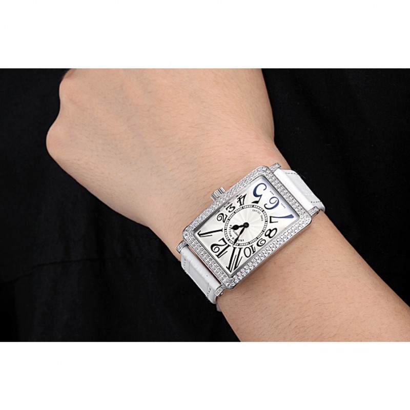 Franck Muller Long Island Classic White Dial Diamonds Case White Leather Band 622368-8