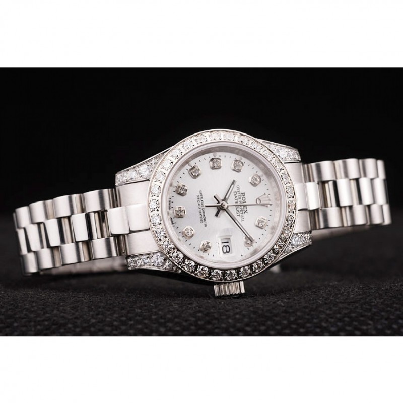 High End Replica Watches Rolex DateJust Brushed Stainless Steel Diamond Plated Case White Dial Diamond Plated Bezel-2