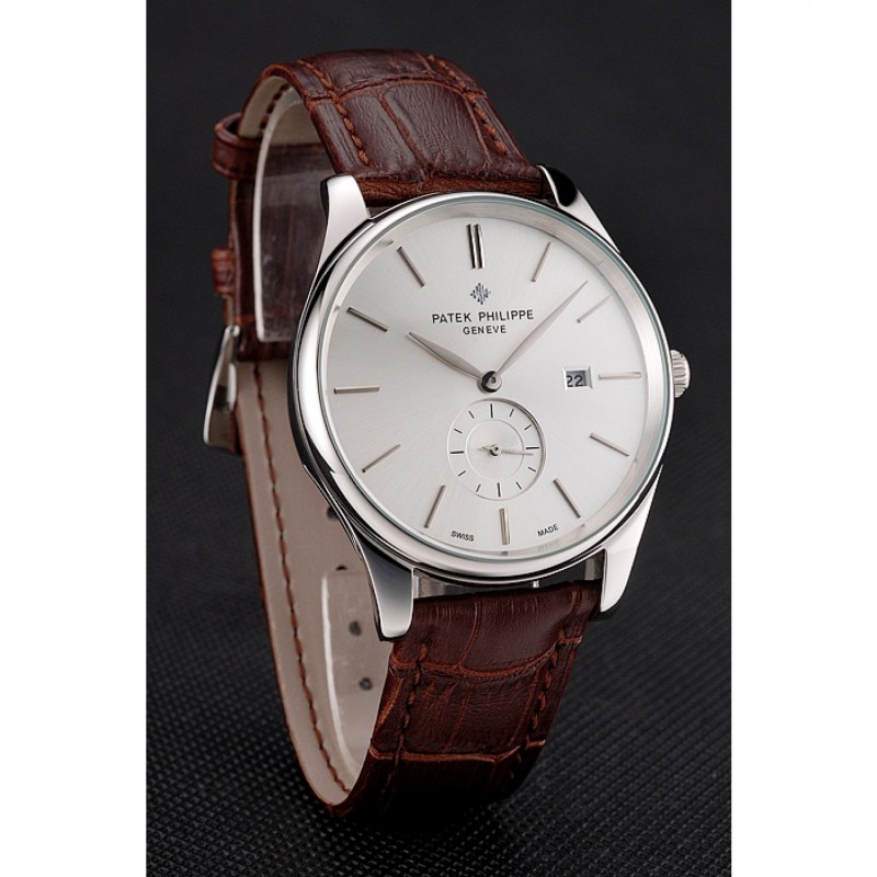 Patek Philippe Calatrava Date Silver Dial Stainless Steel Case Brown Leather Strap-2