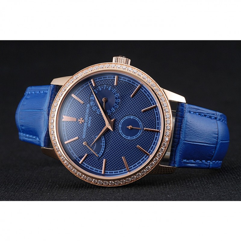 Vacheron Constantin Patrimony Power Reserve Blue Dial Gold Diamond Case Blue Leather Bracelet 1454270-3