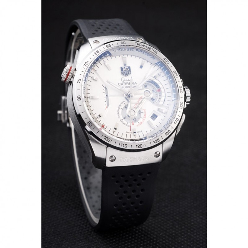 High Quality Replica Watches Tag Heuer Swiss Carrera Tachymeter Bezel Perforated Black Rubber Strap White Dial-2