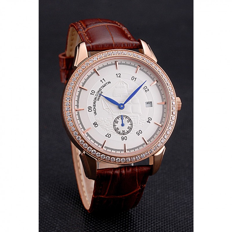 Luxury Vacheron Constantin Traditionnelle White Ship Dial Rose Gold Case With Diamonds Brown Leather Strap-2