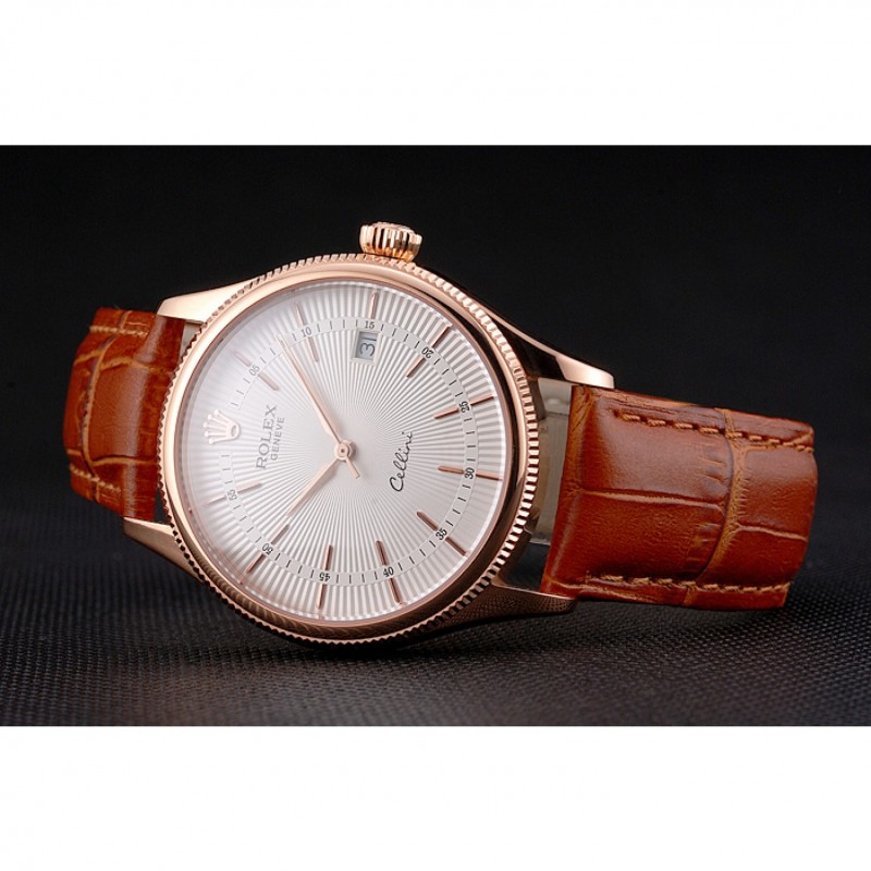 Luxury Replica Watches Swiss Rolex Cellini Date White Dial Rose Gold Case Brown Leather Strap-4