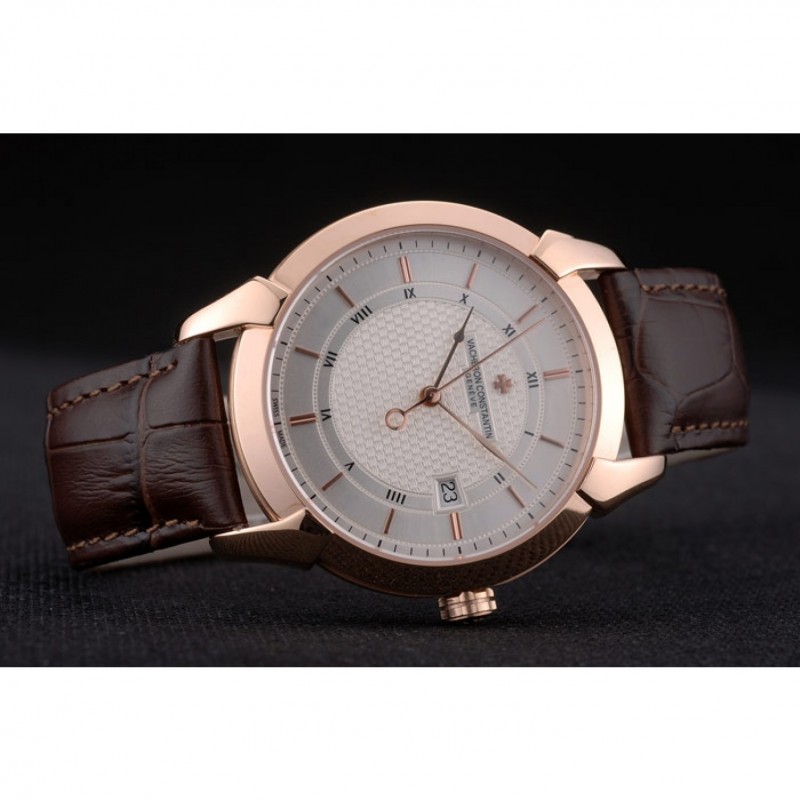 Swiss Vacheron Constantin Traditionnelle White Dial Rose Gold Case Brown Leather Bracelet-3
