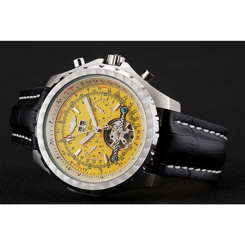 High End Replica Watches Breitling Bentley Mulliner Tourbillon Yellow Dial Stainless Steel Case Black Leather Strap 622730-4