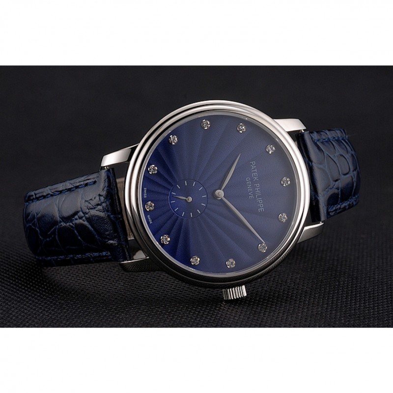 Patek Philippe Calatrava Blue Guilloche Dial Stainless Steel Case Blue Leather Strap-3