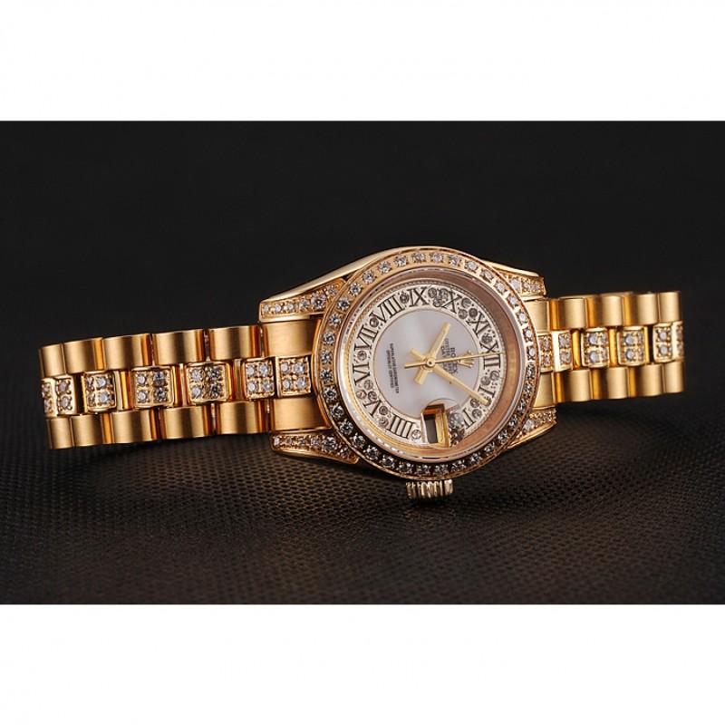 Swiss Rolex DayJust Diamond Pave White Dial Gold Diamond Bracelet 1453957-2
