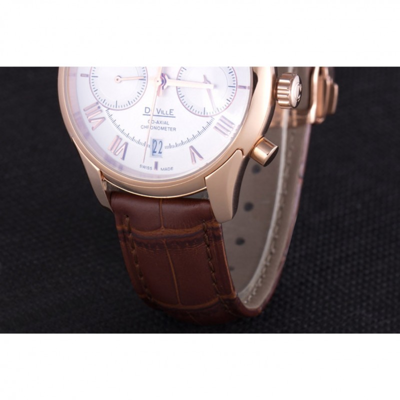 High Quality Replica Watches Omega DeVille Rose Gold Bezel with White Dial and Brown Leather Strap 621570-6