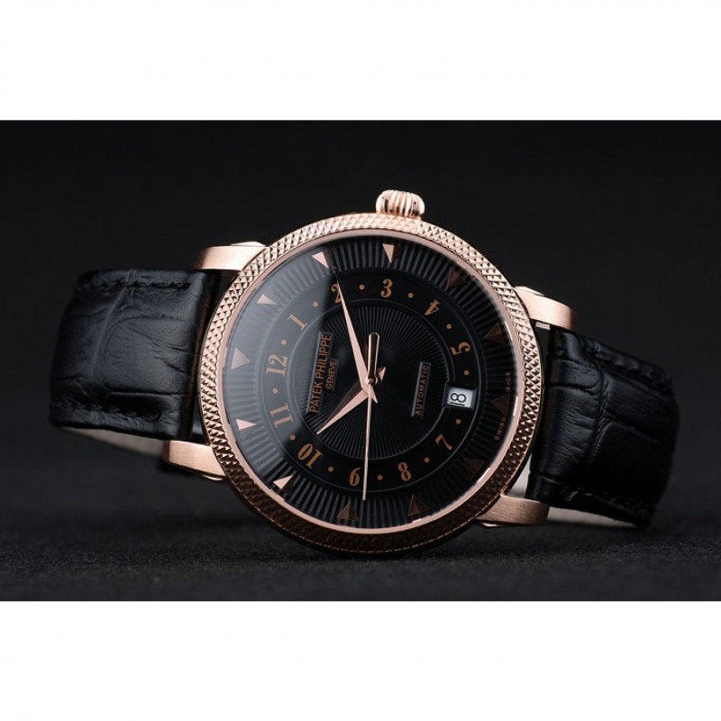 Patek Philippe Swiss Calatrava Ribbed Bezel Black Dial Black Leather Strap 7651-4