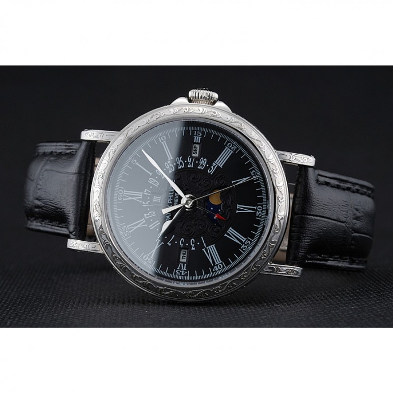 Patek Philippe Perpetual Calendar Retrograde Date Black Dial Engraved Silver Case Black Leather Bracelet 1454146-3