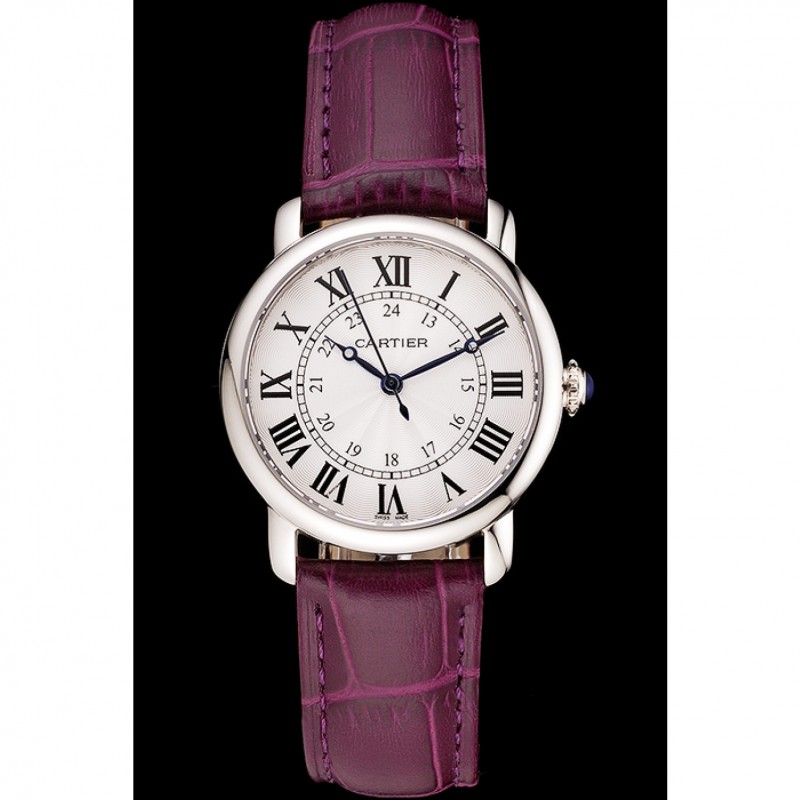 Cartier Ronde White Dial Stainless Steel Case Purple Leather Strap-1