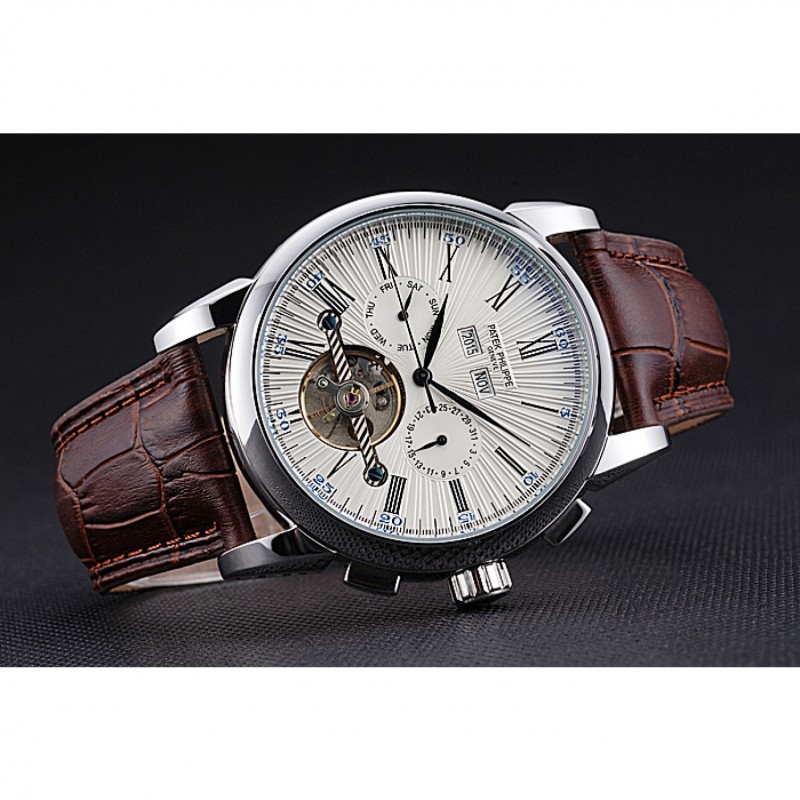 Patek Philippe Grand Complications Stainless Steel Case White Dial Roman Numerals Brown Leather Strap 622254-3