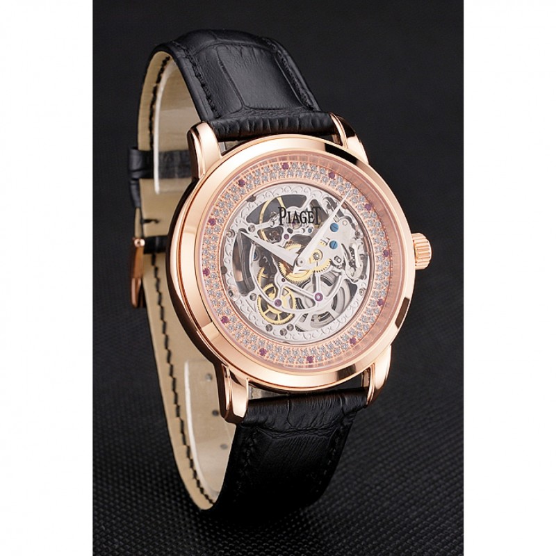 SS Swiss Piaget Altiplano Skeleton Dial With Diamonds Rose Gold Case Black Leather Strap-2