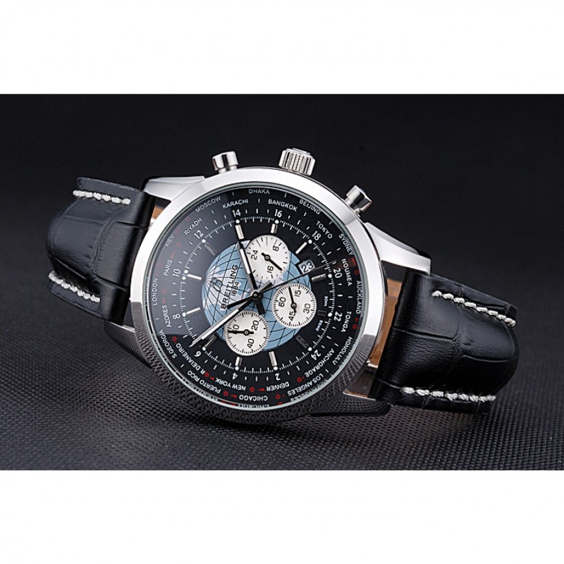Breitling Transocean Chronograph Unitime Black Dial Stainless Steel Case Black Leather Bracelet 622242-4