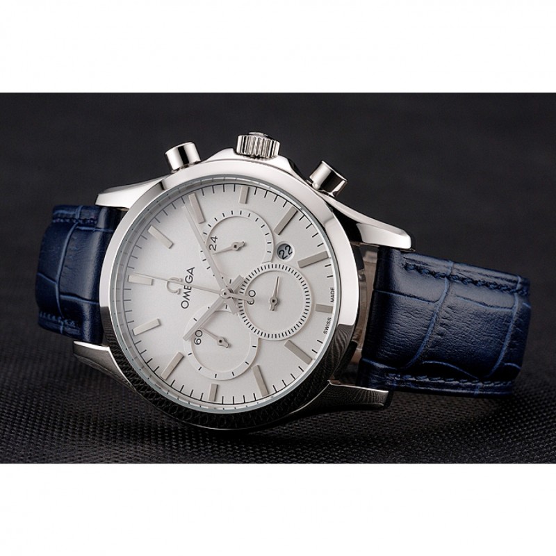 Omega Chronograph White Dial Stainless Steel Case Blue Leather Strap-3