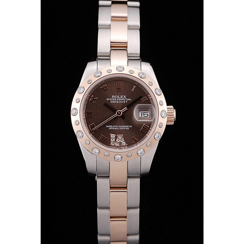 Rolex DateJust Brushed Stainless Steel Case Brown Dial Diamond Plated-1