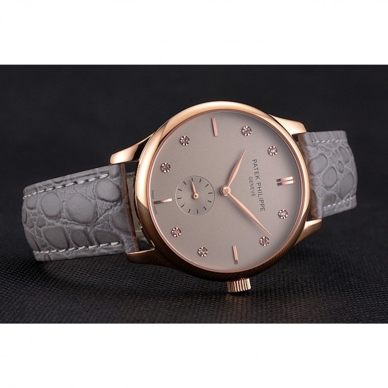High End Replica Watches Patek Philippe Calatrava Gray Dial Diamond Markings Rose Gold Case Gray Leather Strap-3