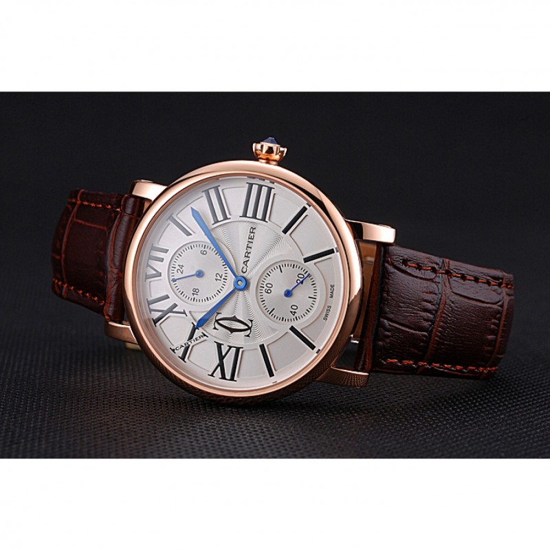 SS Cartier Ronde Second Time Zone White Dial Gold Case Brown Leather Strap 622801-4