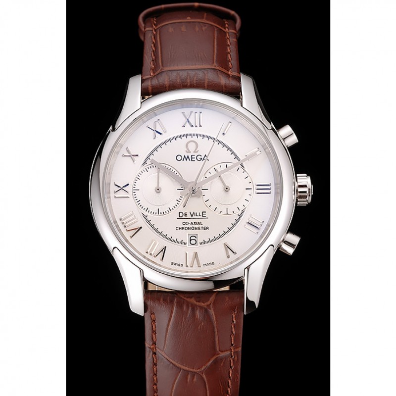 Omega DeVille Silver Bezel with White Dial and Brown Leather Strap 621566-1