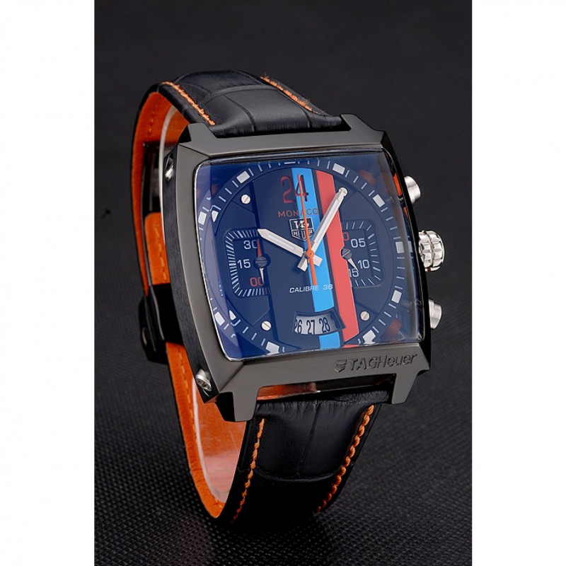 Tag Heuer Monaco Calibre 36 Blue And Orange Stripes Dial Black Leather Strap 622302-2