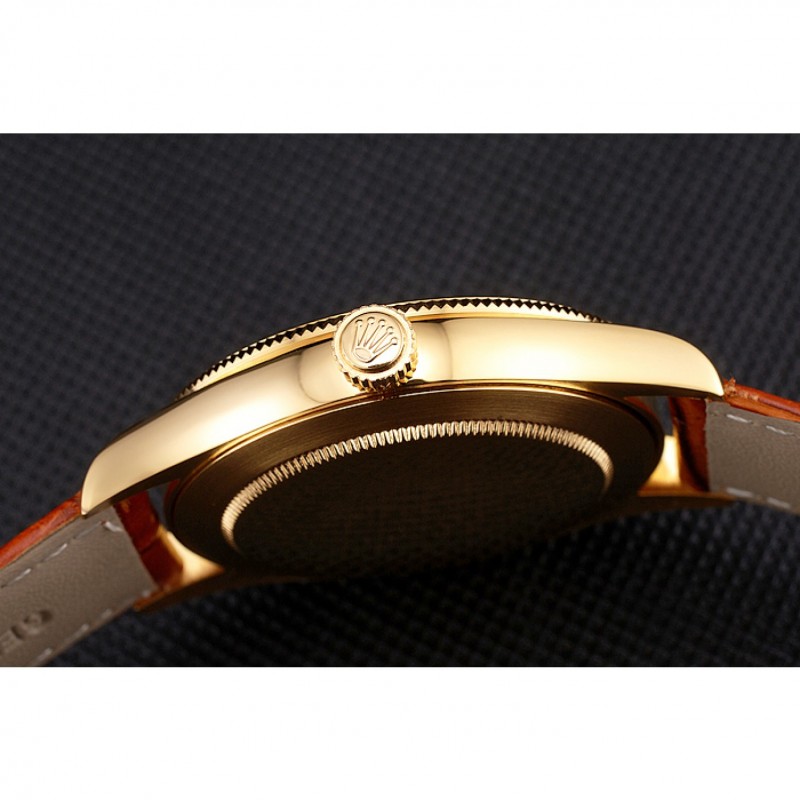 Swiss Rolex Cellini Date Gold Guilloche Dial Gold Case Light Brown Leather Strap-8