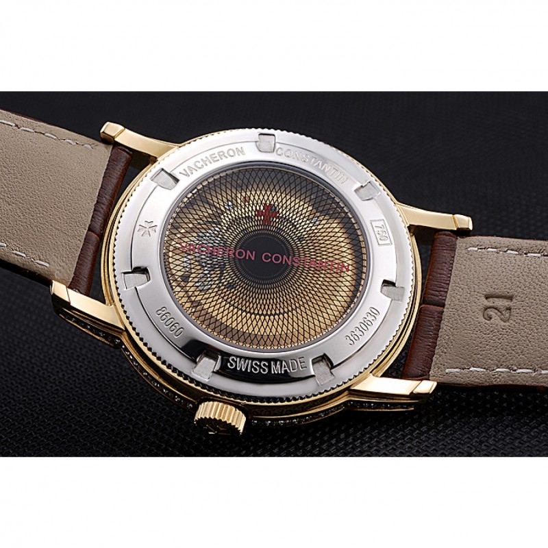 Luxury Replica Watches Swiss Vacheron Constantin Patrimony Contemporaine Gold Diamond Case White Dial Brown Leather Bracelet 622686-7