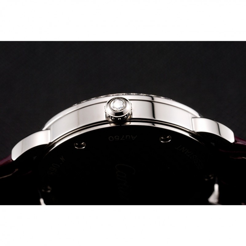 Cartier Ronde Louis Silver Diamond Case White Dial Purple Leather Bracelet 1454009-7