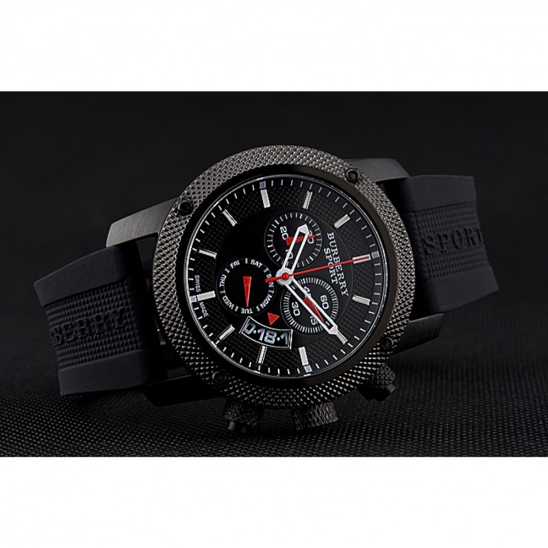 SS Replica Watches Round Burberry Sport Athlete Chronograph Black Case Triple-eye Black Rubber Bracelet 622619-3