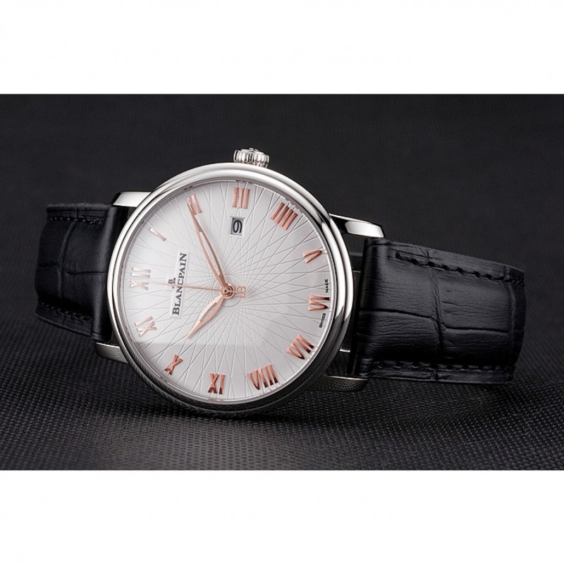 Blancpain Villeret Ultra Slim White Groved Dial Gold Numerals Stainless Steel Case Black Leather Strap-3