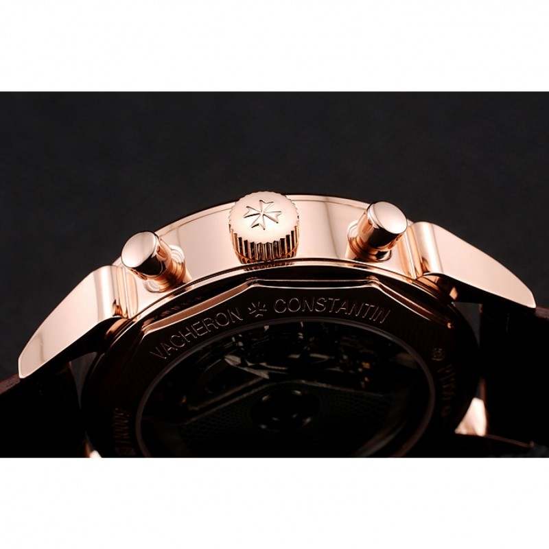 Swiss Vacheron Constantin Traditionnelle Chronograph Black Dial Gold Case Brown Leather Bracelet 1453995-7