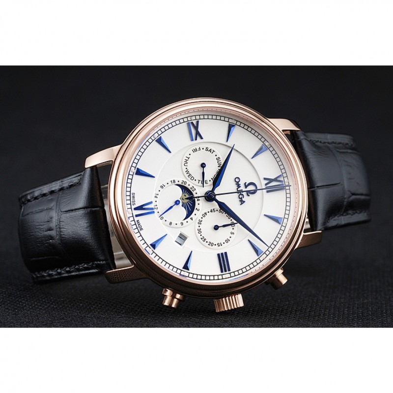 Best Replica Watches Omega De Ville Moonphase White Dial Rose Gold Case Black Leather Bracelet 1454227-4