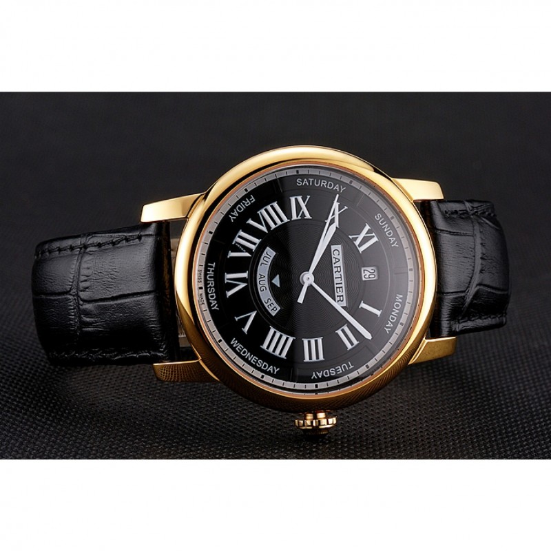 Swiss Cartier Rotonde Annual Calendar Black Dial Gold Case Black Leather Strap-3