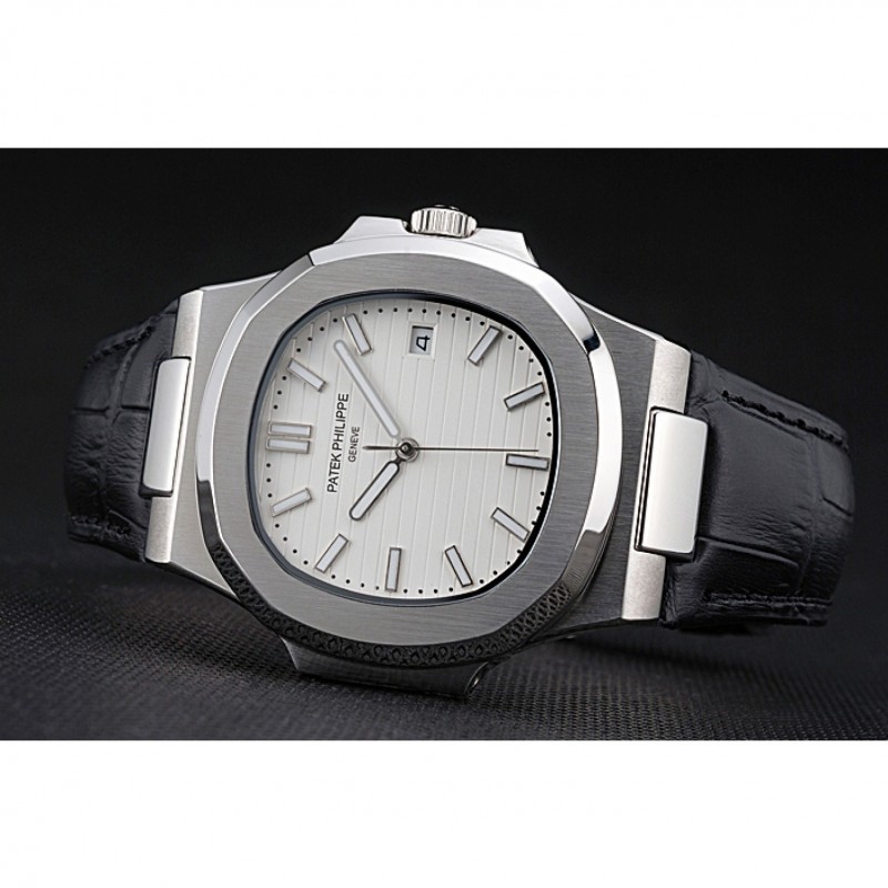 Patek Philippe Nautilus White Dial Brushed Stainless Steel Case Black Leather Strap-3