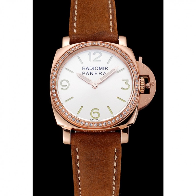 AAA Panerai Radiomir White Dial Diamond Bezel Rose Gold Case Brown Suede Leather Strap 1453799-1