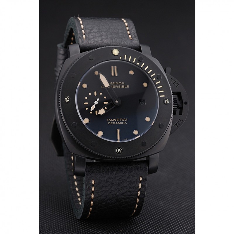 SS Panerai Luminor Submersible Black Dial Black Case Black Leather Strap-2