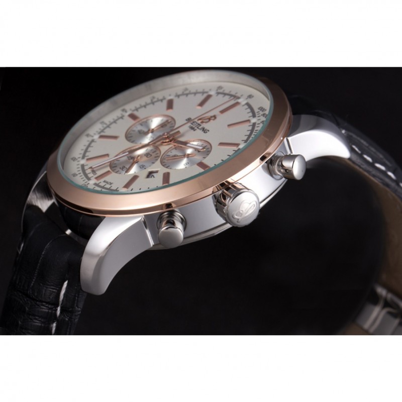 Breitling Transocean White Dial Black Leather Strap Rose Gold Bezel 98205-5