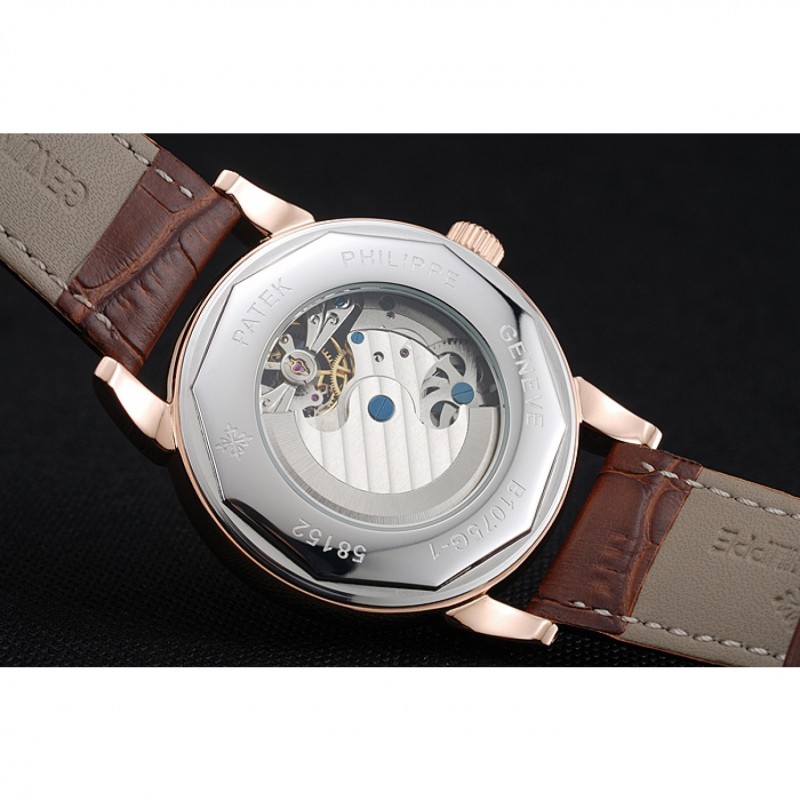 High Quality Patek Philippe Dual Time Moonphase Tourbillon Gold Skeletonised Dial Rose Gold Case Brown Leather Strap-5