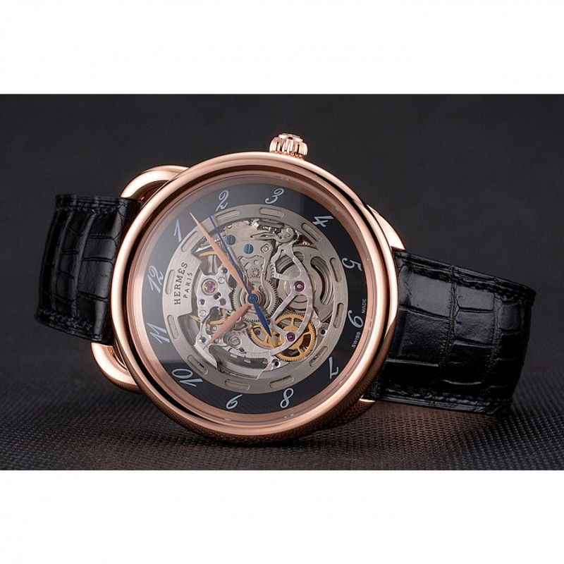Swiss Hermes Arceau Skeleton Black Dial Brown Hands Rose Gold Case Black Leather Strap-3