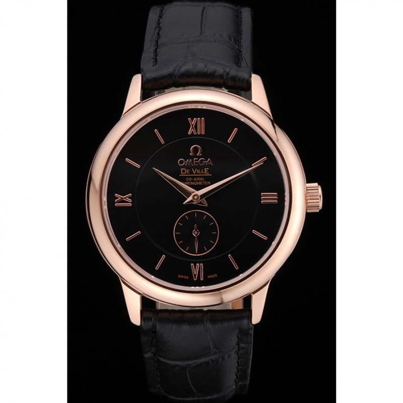 Omega DeVille Prestige Small Seconds Black Dial Gold Case Black Leather Bracelet 622602-1